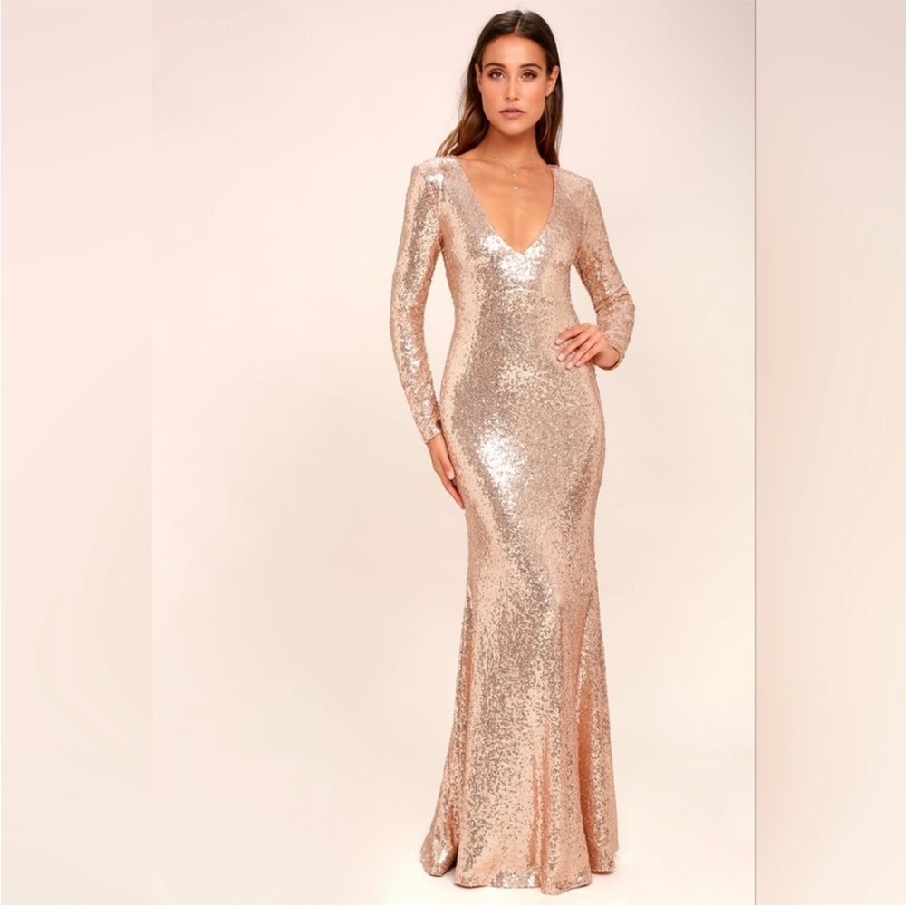 NWT Lulus Capture the Moon Rose Gold Long Sleeve Sequin Maxi Dress - Picture 9 of 9